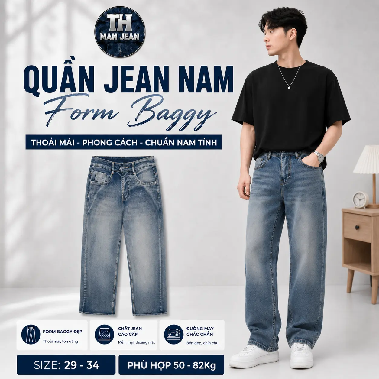 Quần Jean Nam Mã MS_227 Form Baggy Đẹp Chất Vải Denim Loại 1 Cao Cấp Co Giãn 4 Chiều, Freeship Chất Liệu Cotton Mềm Mại, Phong Cách Đơn Giản Thời Thượng - TH MAN JEAN