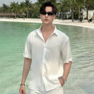 Áo sơ mi nam Vải Đũi Gân đi Biển thoáng mát, From Regular, Basic