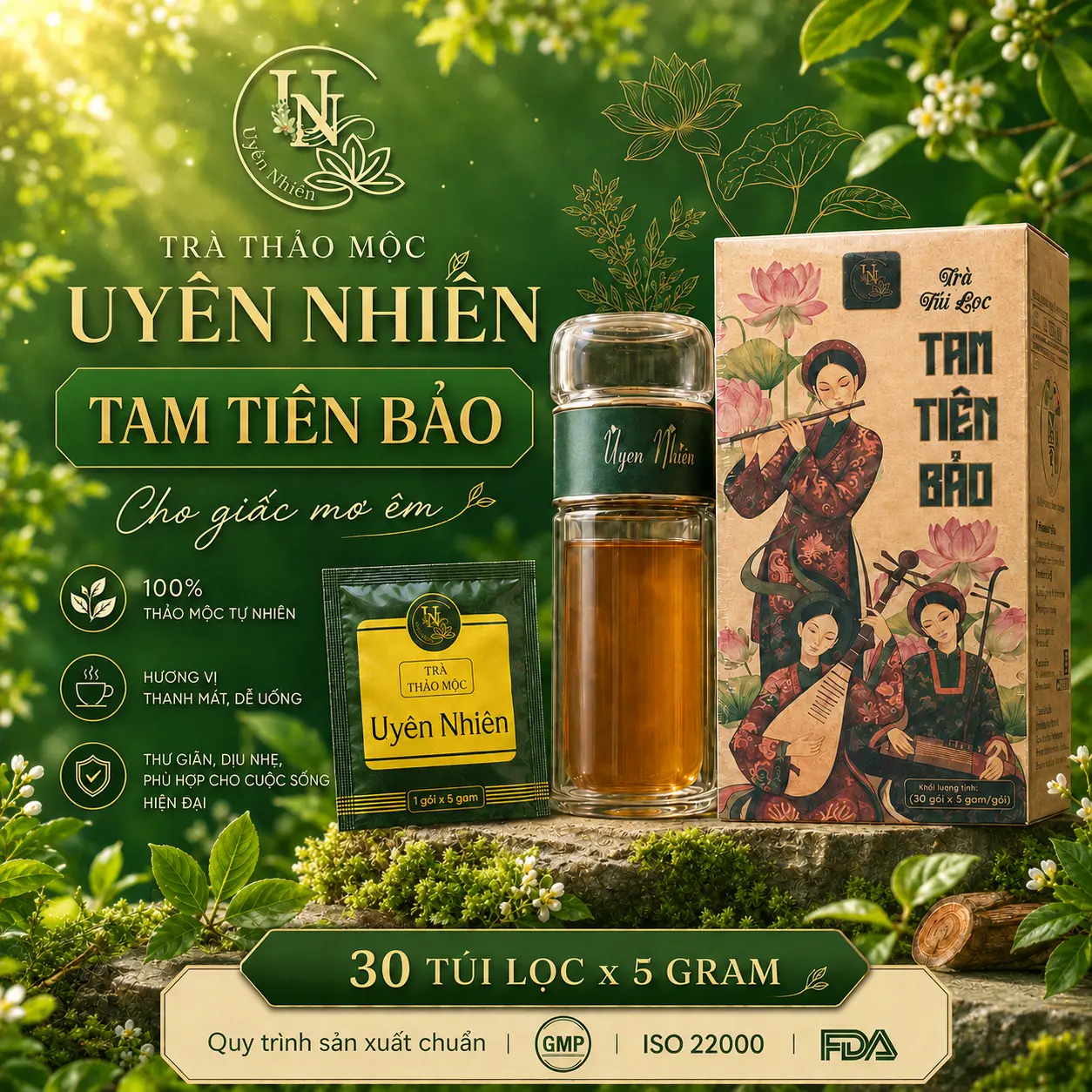Trà Túi Lọc Thảo Mộc Tam Tiên Bảo Uyên Nhiên - 8 Vị Tự Nhiên Hương ÊM Dịu Hợp Buổi Tối - Hộp 30 Túi x 5g