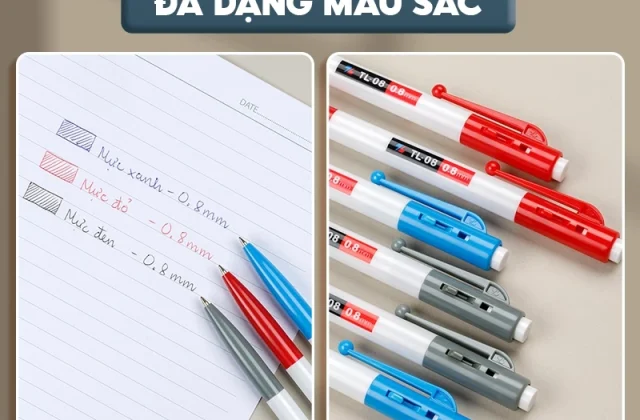 Combo 5/10/20 Bút bi Thiên Long TL-08 - Viết bi ngòi 0.8mm mực xanh/đỏ/đen thiết kế tối giản, dễ sử dụng, dạng bấm cò