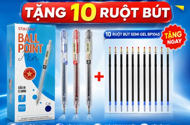 [Mua 10 bút - Tặng 10 ruột] Combo 5/10 bút bi mực gốc dầu 0.5mm, viết mượt, 03 màu Xanh / Đỏ / Đen | Stacom BP1045