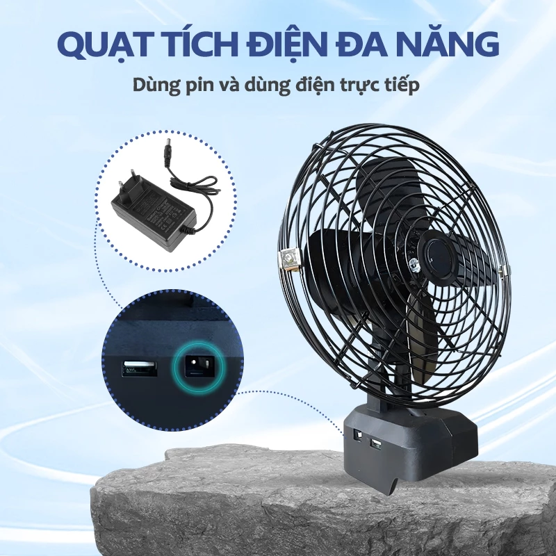 Quạt Tích Điện TONNIFU DS-UD-928 21V Phổ Thông 8 inch, Động Cơ Chổi Than, 2 Tốc Độ Gió, Quạt Có Cổng USB DC