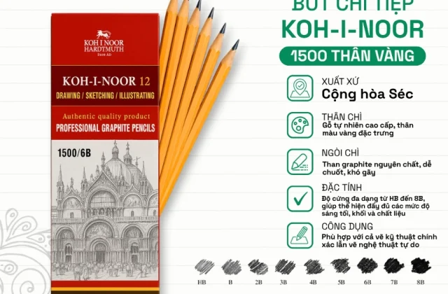 Bút Chì Gỗ KOH-I-NOOR 1500 Thân Vàng Đủ Độ Cứng 2H–8B Vẽ Kỹ Thuật Mỹ Thuật Viết Mượt | PGREEN