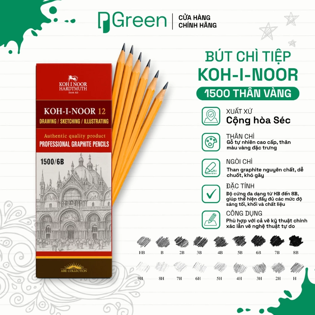Bút Chì Gỗ KOH-I-NOOR 1500 Thân Vàng Đủ Độ Cứng 2H–8B Vẽ Kỹ Thuật Mỹ Thuật Viết Mượt | PGREEN