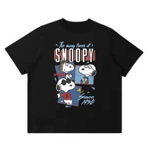 Áo thun ngắn tay rộng oversize màu đen in nhiều hình Snoopy khối vuông cổ điển kèm chữ tiếng Anh phong Mỹ hoạt hình hoài niệm hot trend nam nữ cùng mặc phối đồ đa dạng