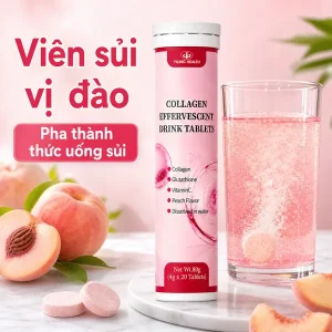 Yiling Collagen Gluta C Viên sủi đẹp da vị đào, Collagen peptide từ cá 300mg + Glutathione 20mg + Vitamin C 60mg mỗi viên 4g, pha 200ml nước lạnh, tuýp 20 viên