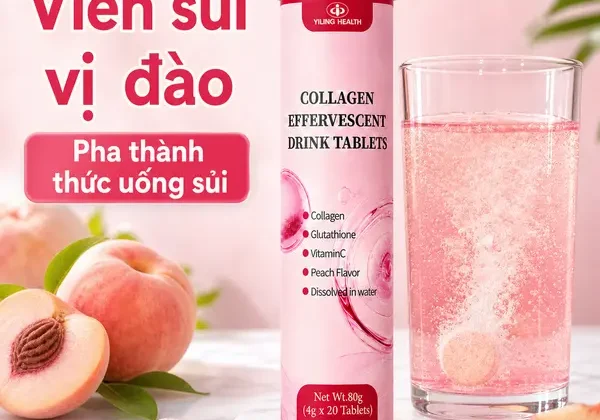 Yiling Collagen Gluta C Viên sủi đẹp da vị đào, Collagen peptide từ cá 300mg + Glutathione 20mg + Vitamin C 60mg mỗi viên 4g, pha 200ml nước lạnh, tuýp 20 viên