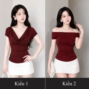 Áo lệch vai thắt eo tôn dáng basic HAVATA VN chất thun gân co giãn có thể phối nhiều kiểu