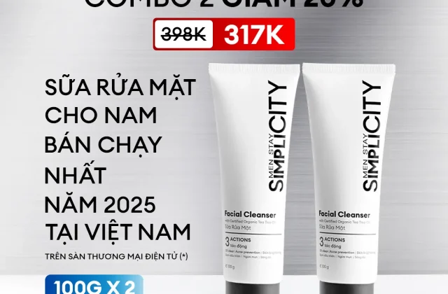 Combo 2 Sữa rửa mặt nam Men Stay Simplicity Facial Cleanser 3 tác động giúp sạch dầu nhờn, hạn chế tác nhân gây mụn, giúp sáng da 100gx2
