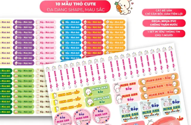 In theo yêu cầu -Set Sticker Dán Đồ Dùng Cho Bé -Hình Thỏ cute -Decal PVC chống thấm - Colorboom