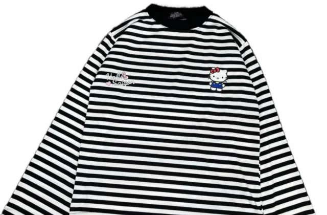 Áo thun nữ dài tay áo kiểu nữ form rộng cổ tròn,áo phông kẻ hoạ tiết hello kitty nam nữ mặc được phong cách Ulzzang