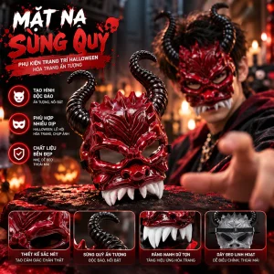 Mặt Nạ Quỷ Halloween Có Sừng, Mặt Nạ Ác Quỷ Kinh Dị Nửa Mặt, Phụ Kiện Hóa Trang Cosplay Lễ Hội