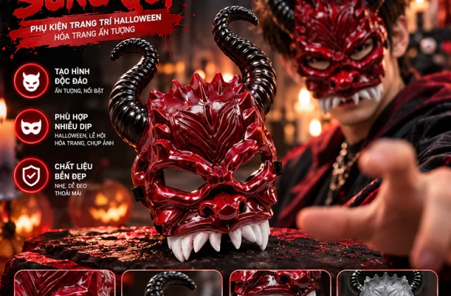 Mặt Nạ Quỷ Halloween Có Sừng, Mặt Nạ Ác Quỷ Kinh Dị Nửa Mặt, Phụ Kiện Hóa Trang Cosplay Lễ Hội